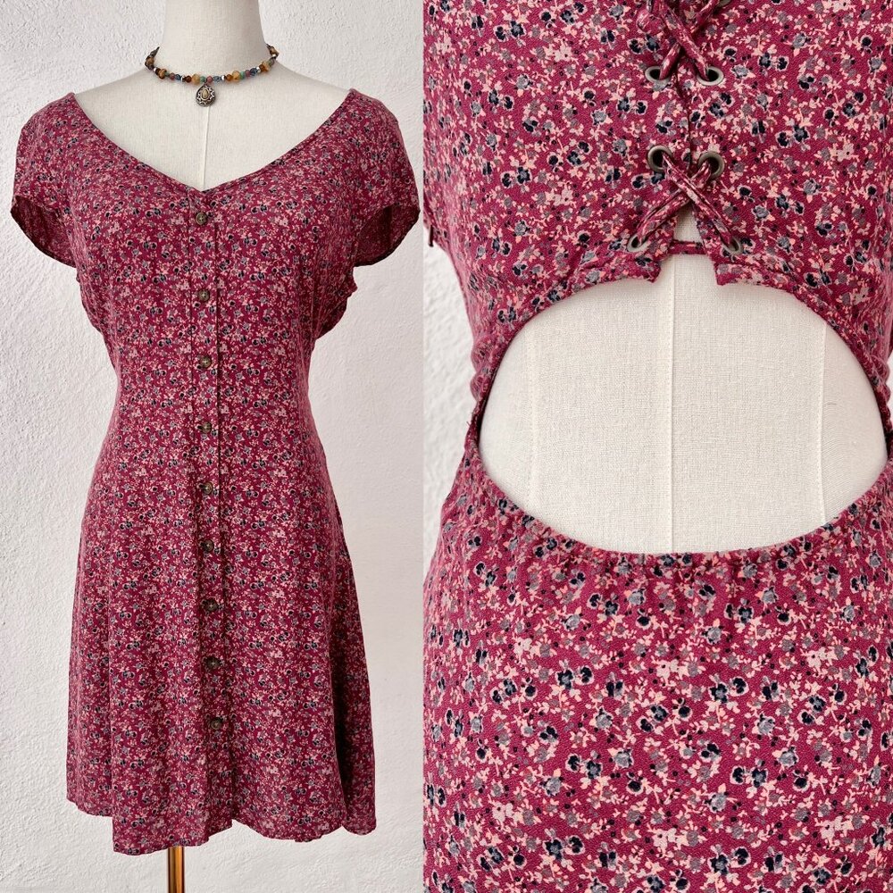 American Eagle Rose Floral 100% Viscose Mini Dress Cutout Back SMALL / RUNS BIG